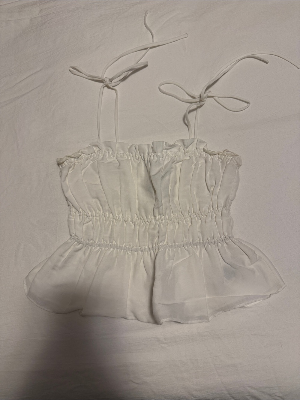 Aritzia White Smocked Tie-Shoulder Peplum Cami